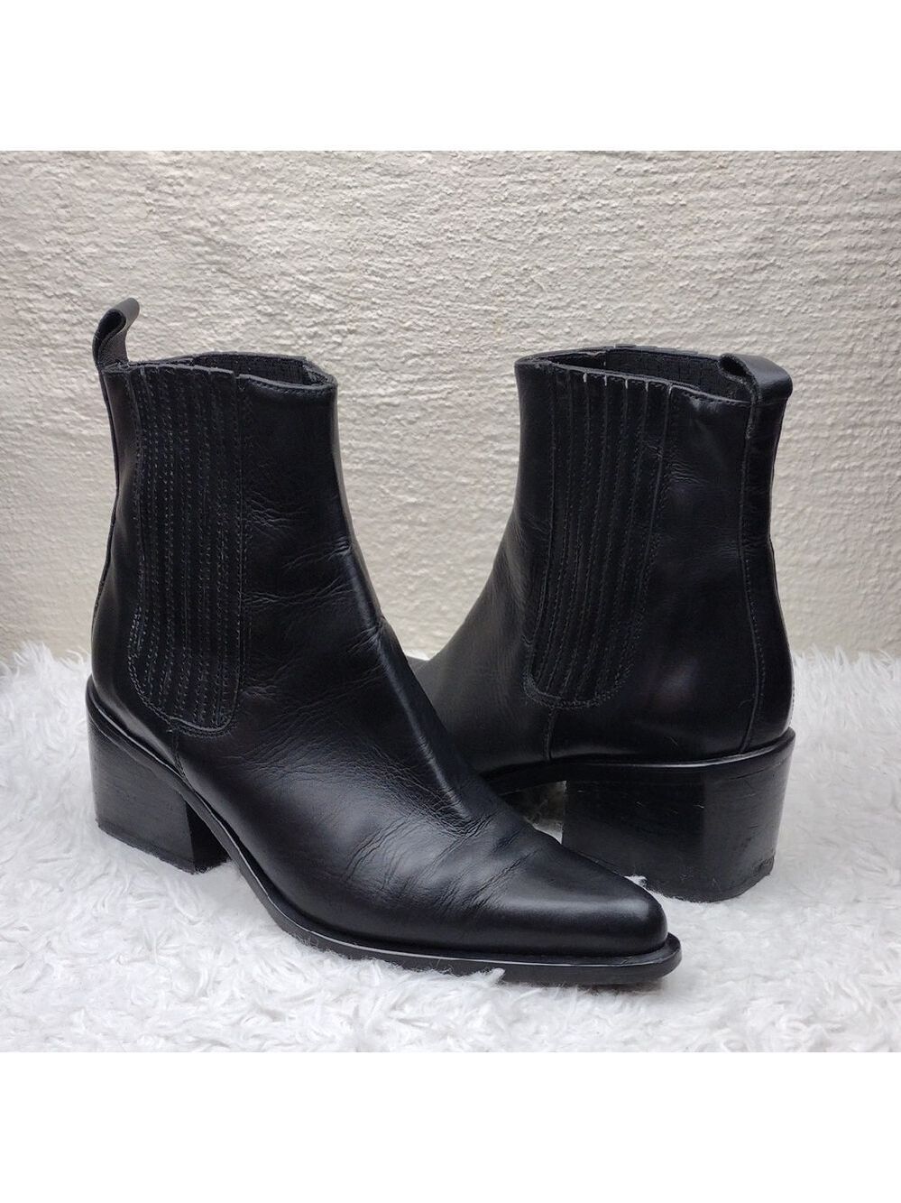 Zinda Black Leather Upper Point Toe Block Heel Slip On Western Style Ankle Boot